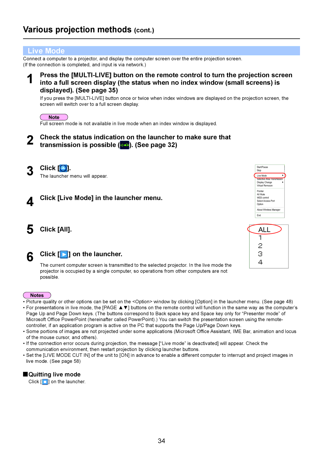 Panasonic TH-LB30NT, TH-LB20NT, PT-LB90NT operation manual Live Mode, Displayed. See, Quitting live mode 