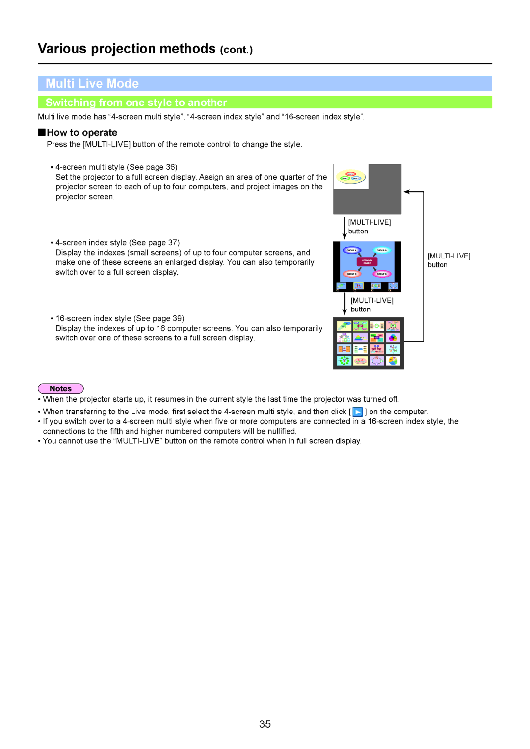 Panasonic PT-LB90NT, TH-LB20NT, TH-LB30NT Multi Live Mode, Switching from one style to another, How to operate 