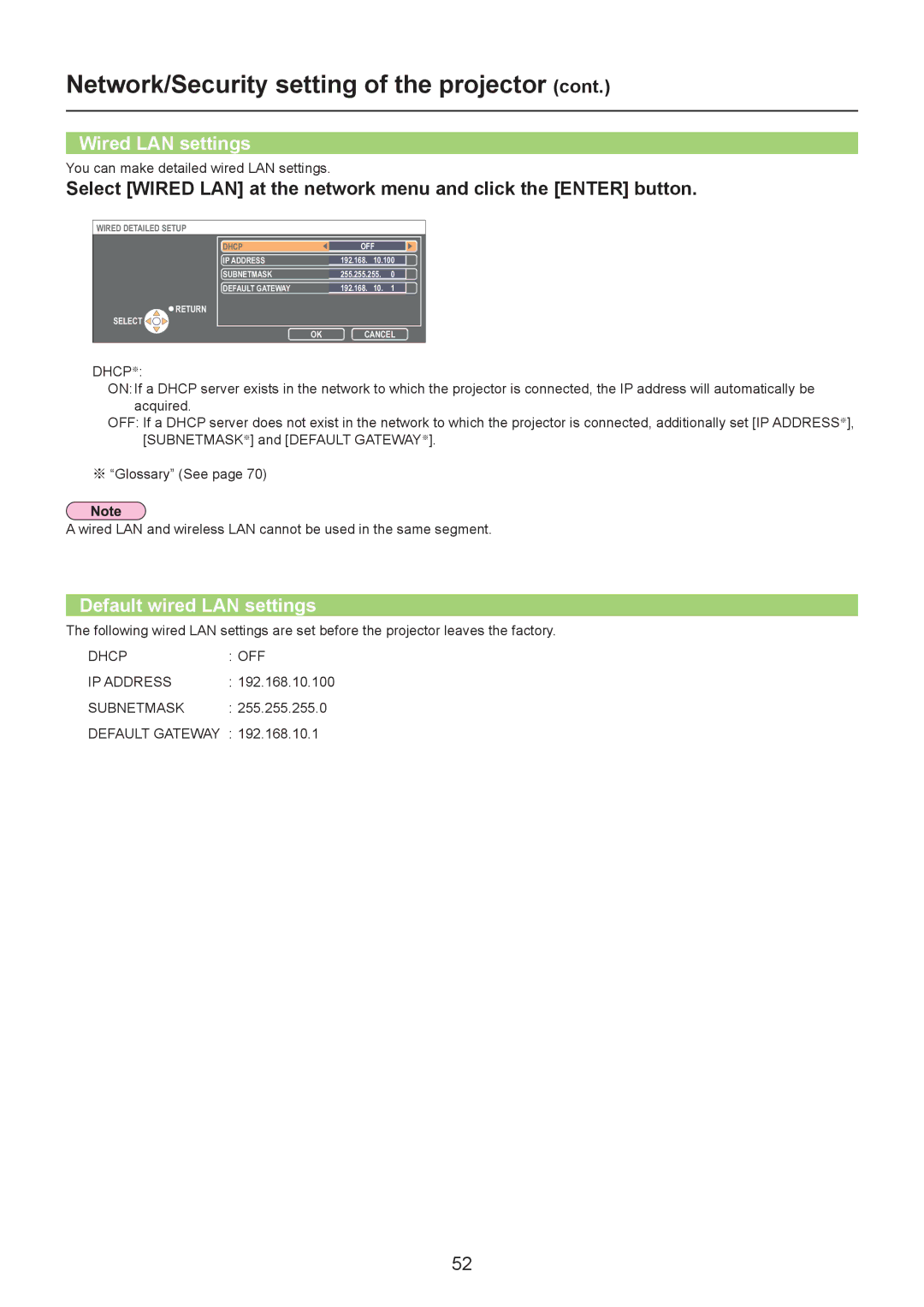 Panasonic TH-LB30NT, TH-LB20NT Network/Security setting of the projector, Wired LAN settings, Default wired LAN settings 