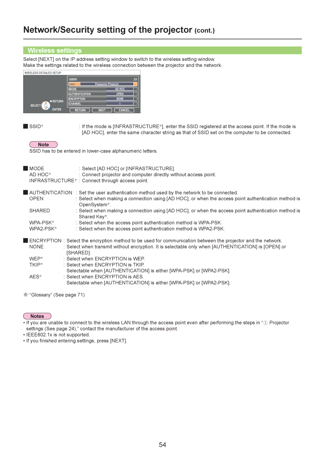 Panasonic TH-LB20NT, TH-LB30NT, PT-LB90NT operation manual Wireless settings, Ssid ※ 