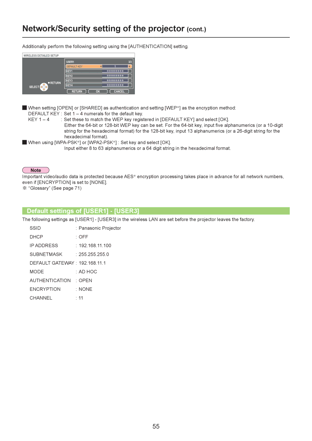 Panasonic TH-LB30NT, TH-LB20NT, PT-LB90NT operation manual Default settings of USER1 USER3 