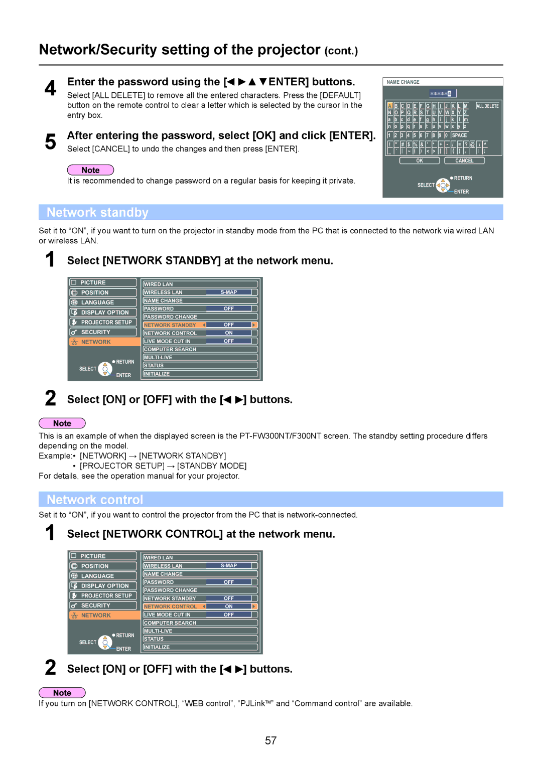 Panasonic TH-LB20NT, TH-LB30NT, PT-LB90NT operation manual Network standby, Network control, Select on or OFF with Buttons 