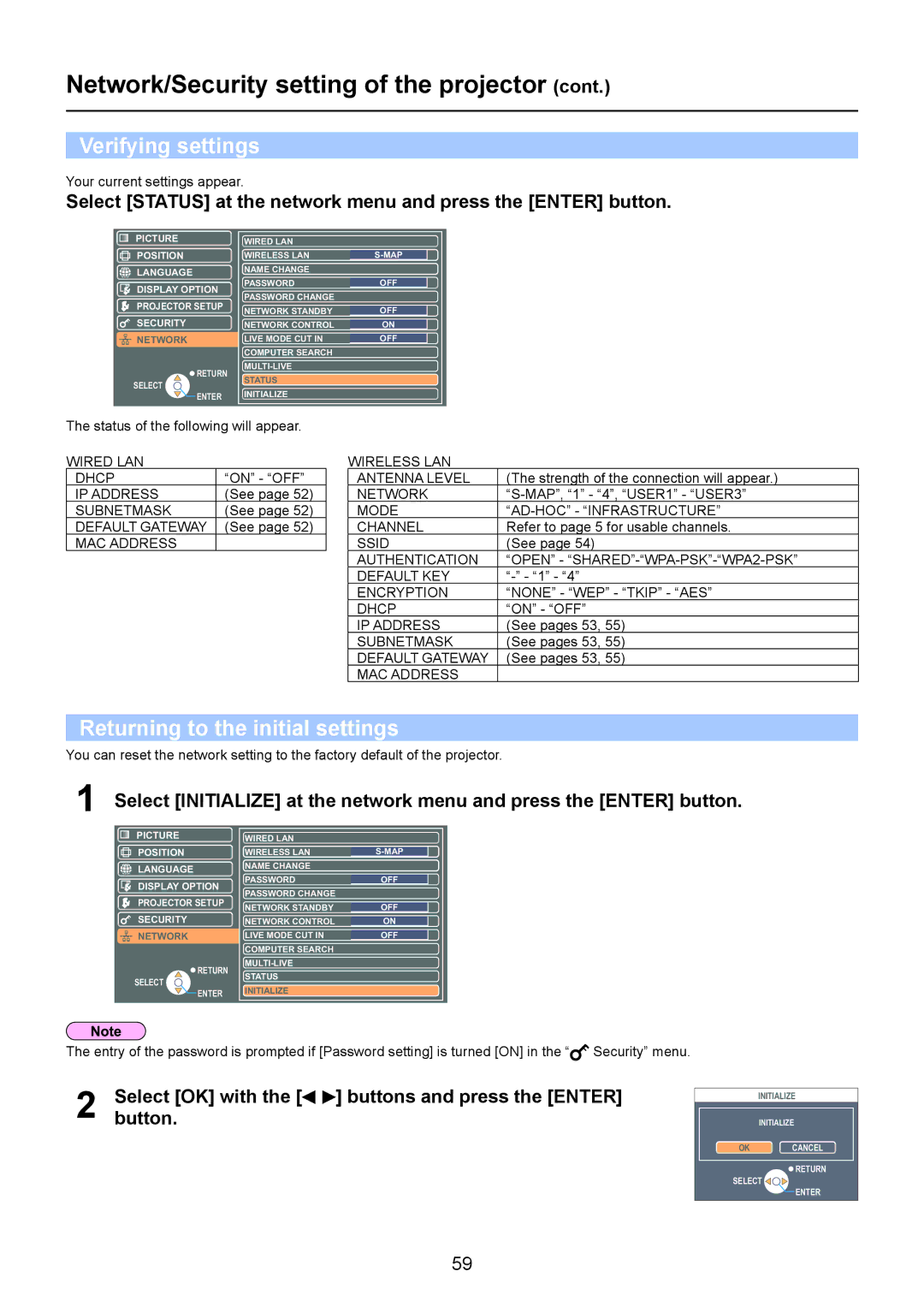 Panasonic PT-LB90NT Verifying settings, Returning to the initial settings, Select OK with Buttons and press the Enter 