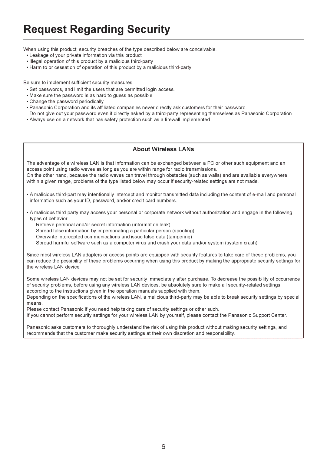 Panasonic TH-LB20NT, TH-LB30NT, PT-LB90NT operation manual Request Regarding Security, About Wireless LANs 