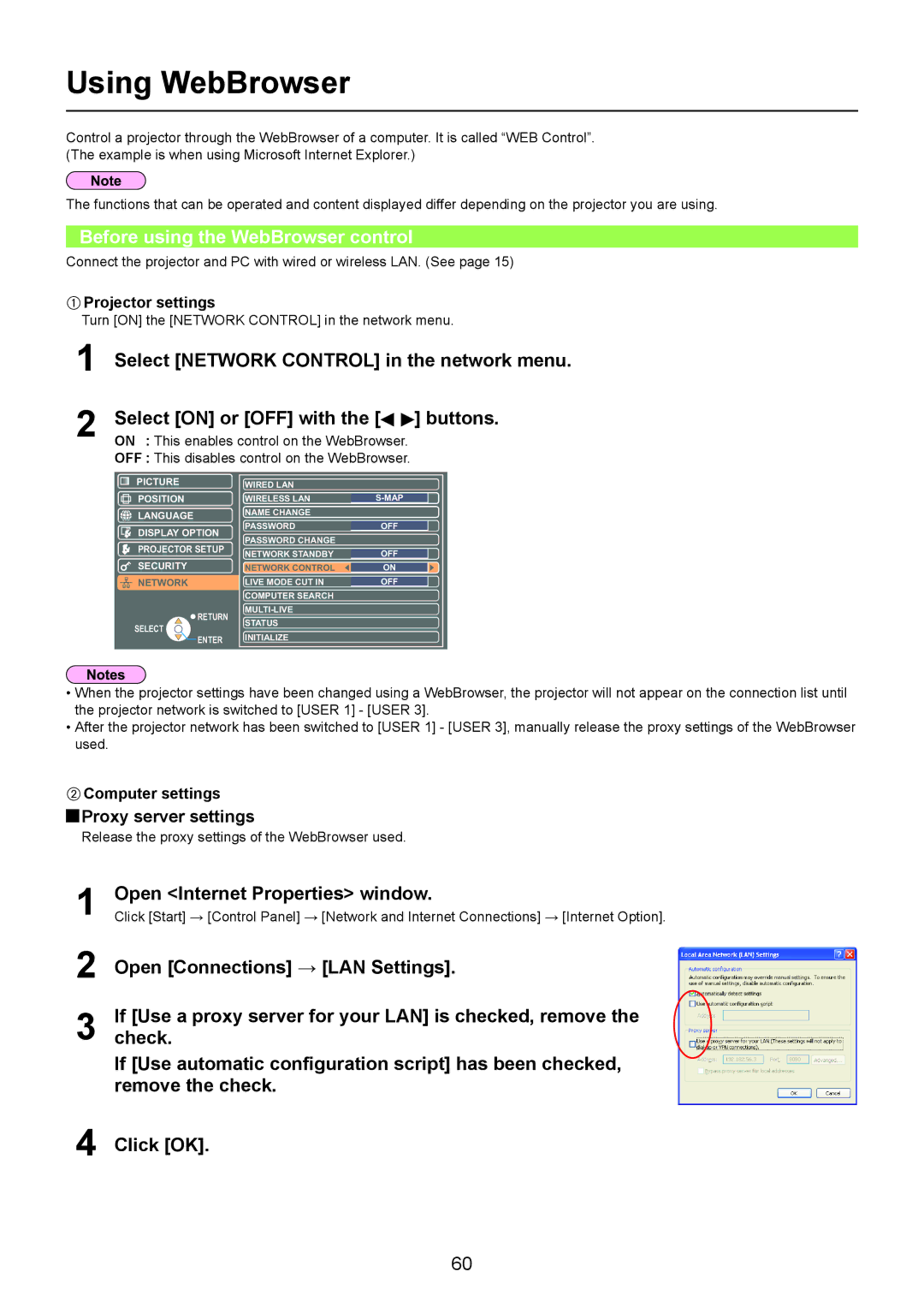 Panasonic TH-LB20NT, TH-LB30NT Using WebBrowser, Before using the WebBrowser control, Open Internet Properties window 