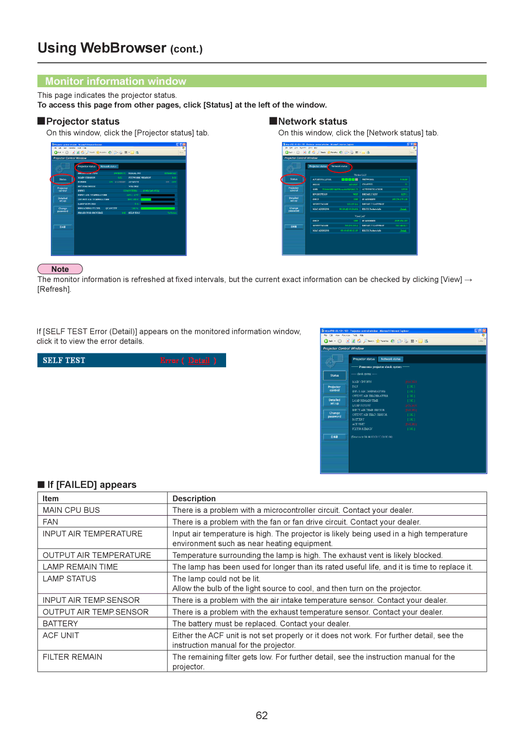 Panasonic PT-LB90NT, TH-LB20NT Monitor information window, Projector status Network status, If Failed appears, Description 