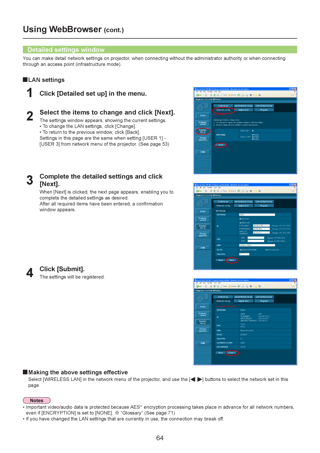 Panasonic TH-LB30NT Detailed settings window, CompleteNext. the detailed settings and click, Click Submit, LAN settings 