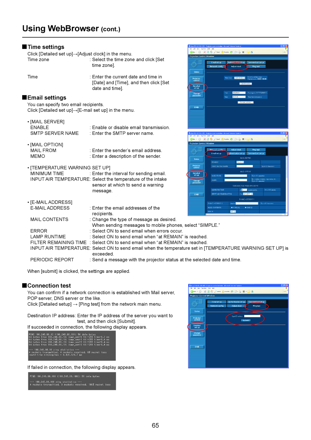 Panasonic PT-LB90NT, TH-LB20NT, TH-LB30NT operation manual Time settings, Email settings, Connection test 