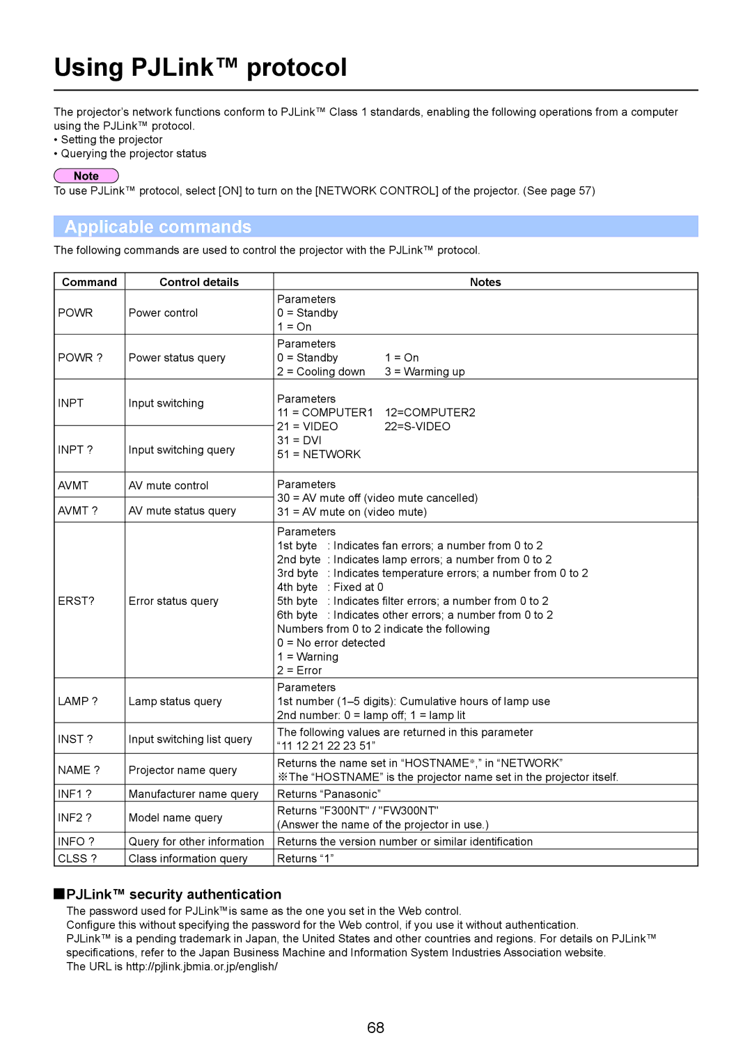 Panasonic PT-LB90NT Using PJLink protocol, Applicable commands, PJLink security authentication, Command Control details 