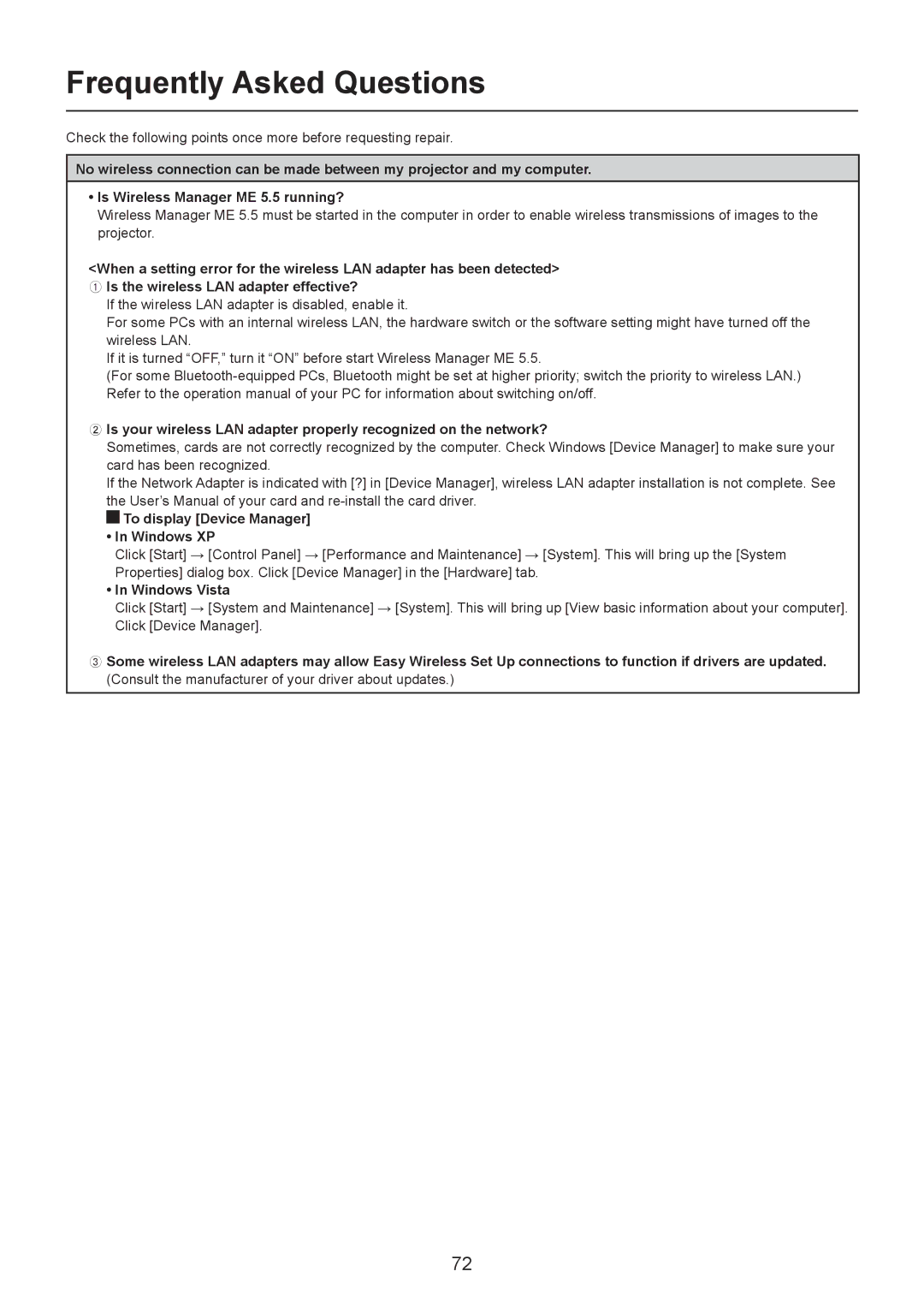 Panasonic TH-LB20NT, TH-LB30NT, PT-LB90NT Frequently Asked Questions, To display Device Manager Windows XP, Windows Vista 