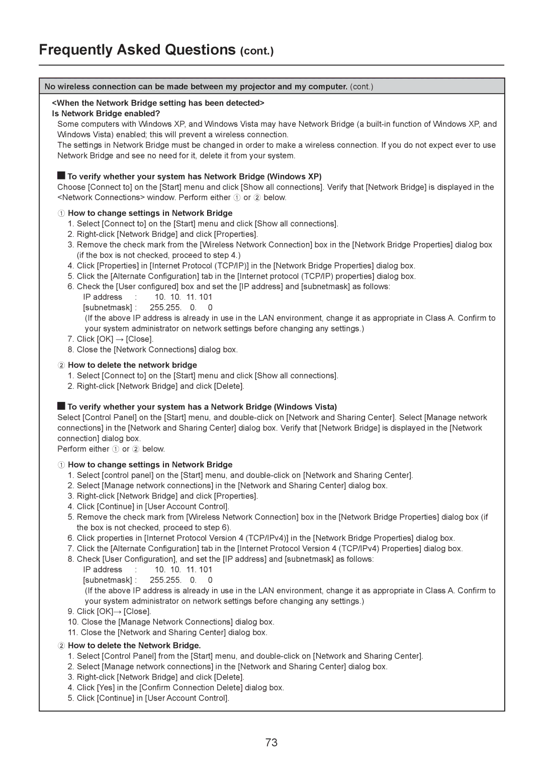 Panasonic TH-LB30NT, TH-LB20NT Frequently Asked Questions, To verify whether your system has Network Bridge Windows XP 