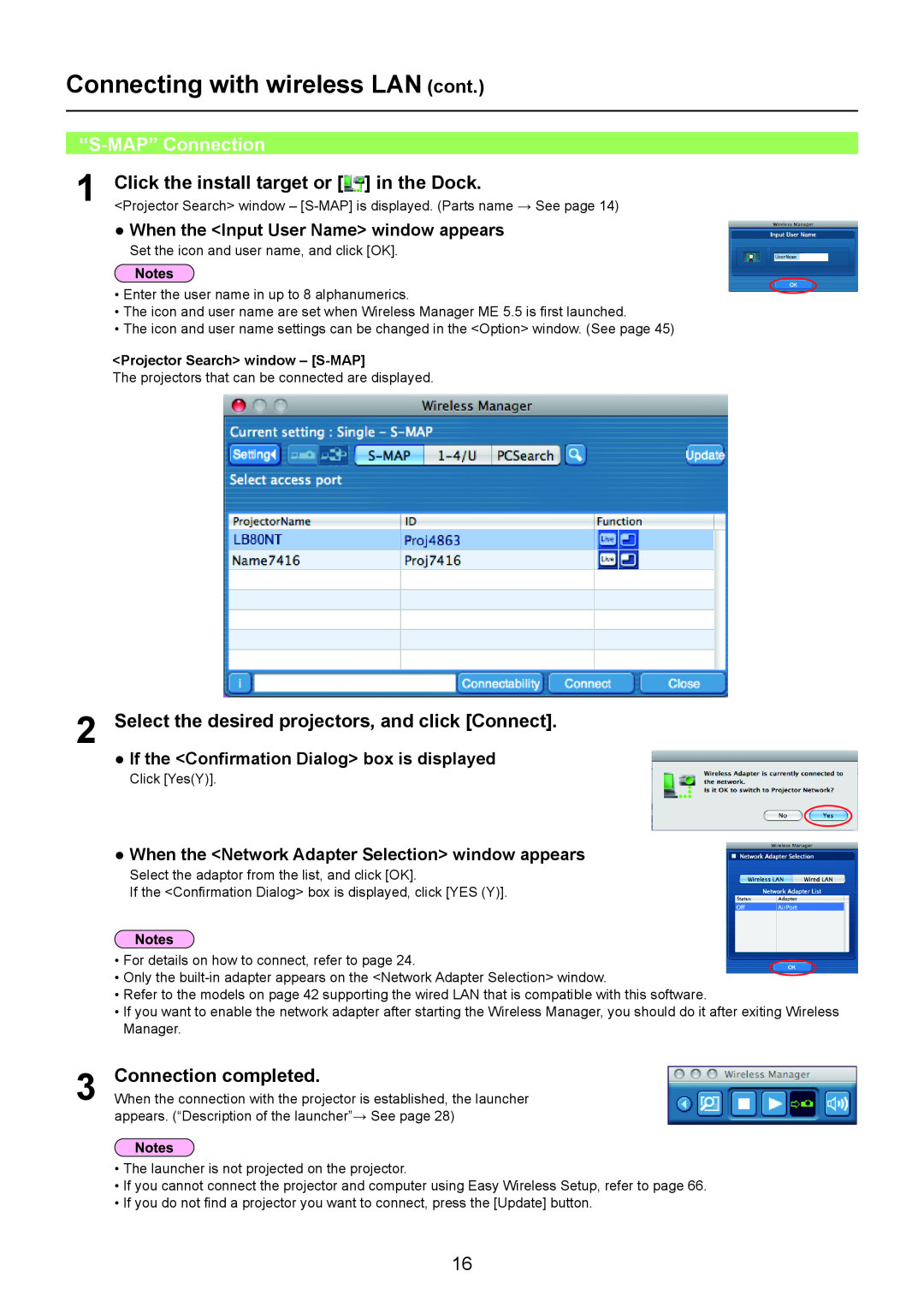 Panasonic PT-F100NT, TH-LB50NT, TH-LB55NT “S-MAP” Connection, Click the install target or in the Dock, Connection completed 