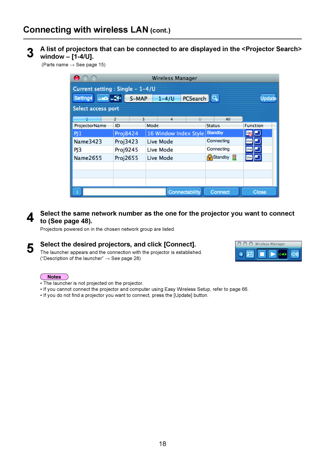 Panasonic TH-LB50NT, TH-LB55NT, TH-LB60NT window - 1-4/U, to See page, Select the desired projectors, and click Connect 