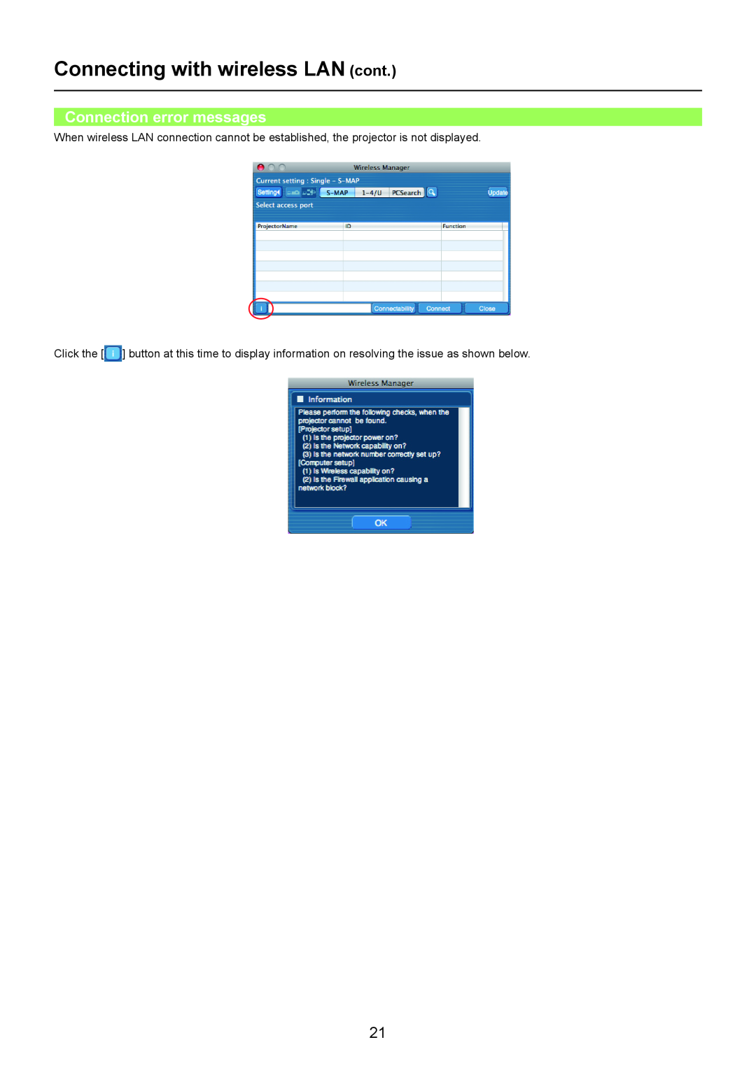 Panasonic PT-FW300NT, TH-LB50NT, TH-LB55NT, TH-LB60NT, PT-F200NT Connection error messages, Connecting with wireless LAN cont 