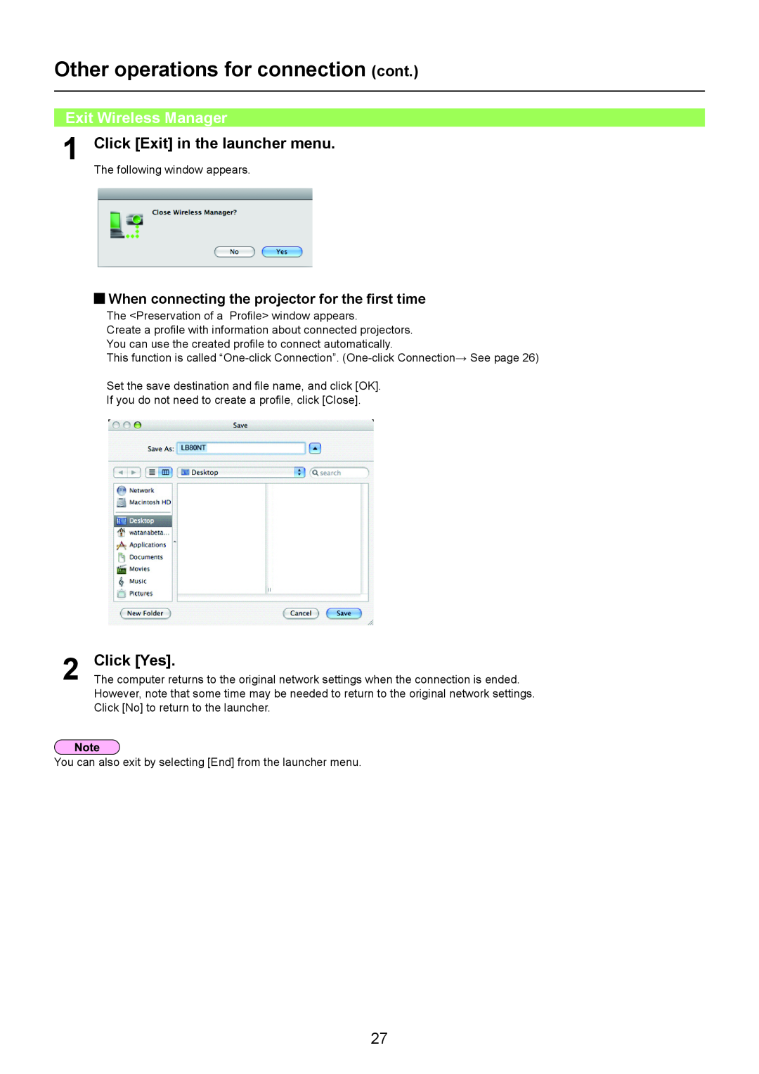 Panasonic TH-LB50NT, TH-LB55NT, TH-LB60NT, PT-FW300NT Exit Wireless Manager, Click Exit in the launcher menu, Click Yes 