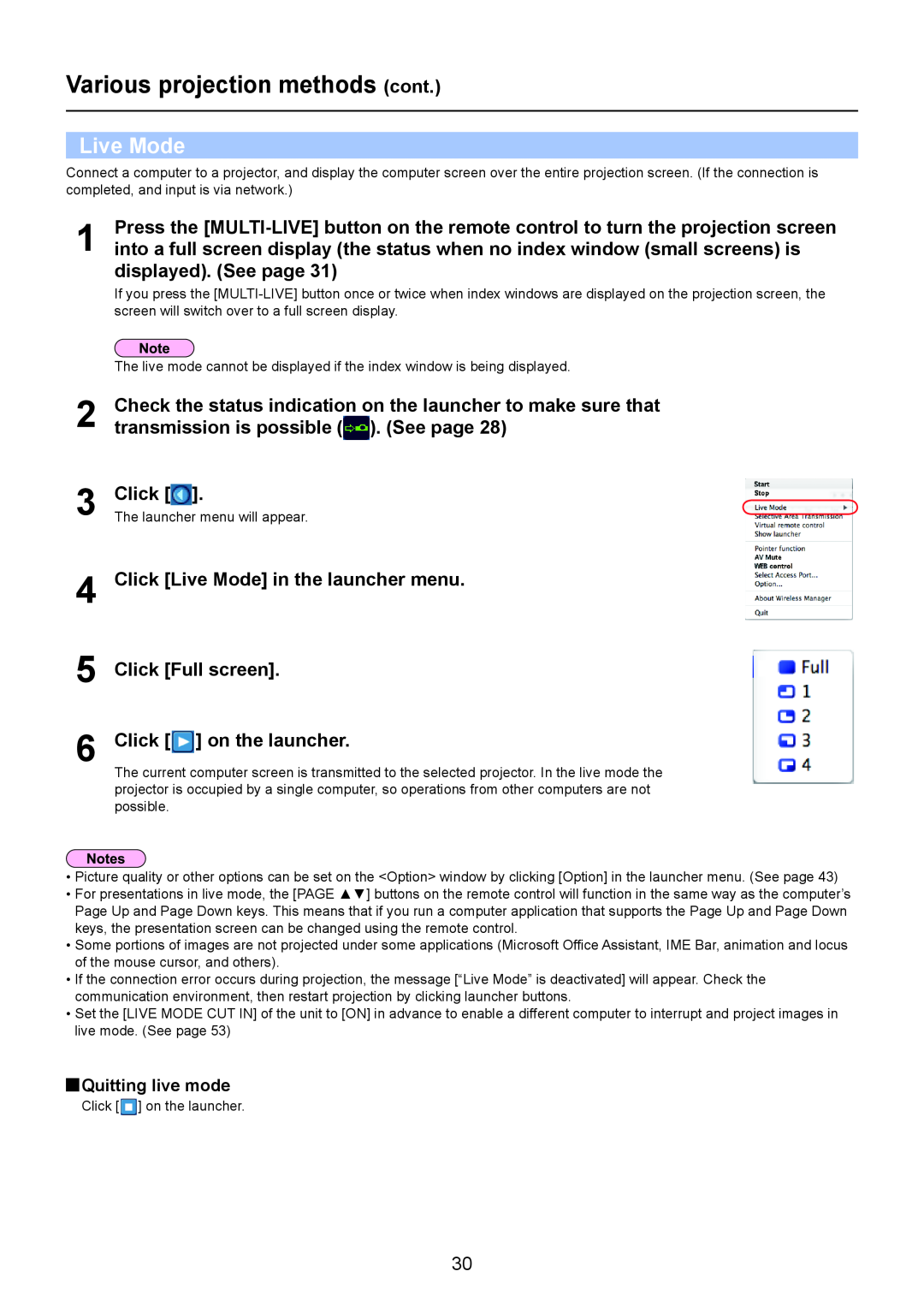 Panasonic PT-FW300NT, TH-LB50NT displayed. See page, Click Live Mode in the launcher menu Click Full screen 