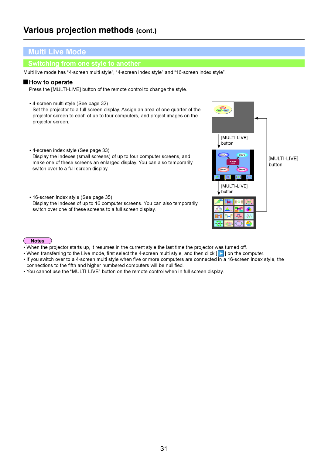 Panasonic PT-F200NT Multi Live Mode, Switching from one style to another, How to operate, Various projection methods cont 