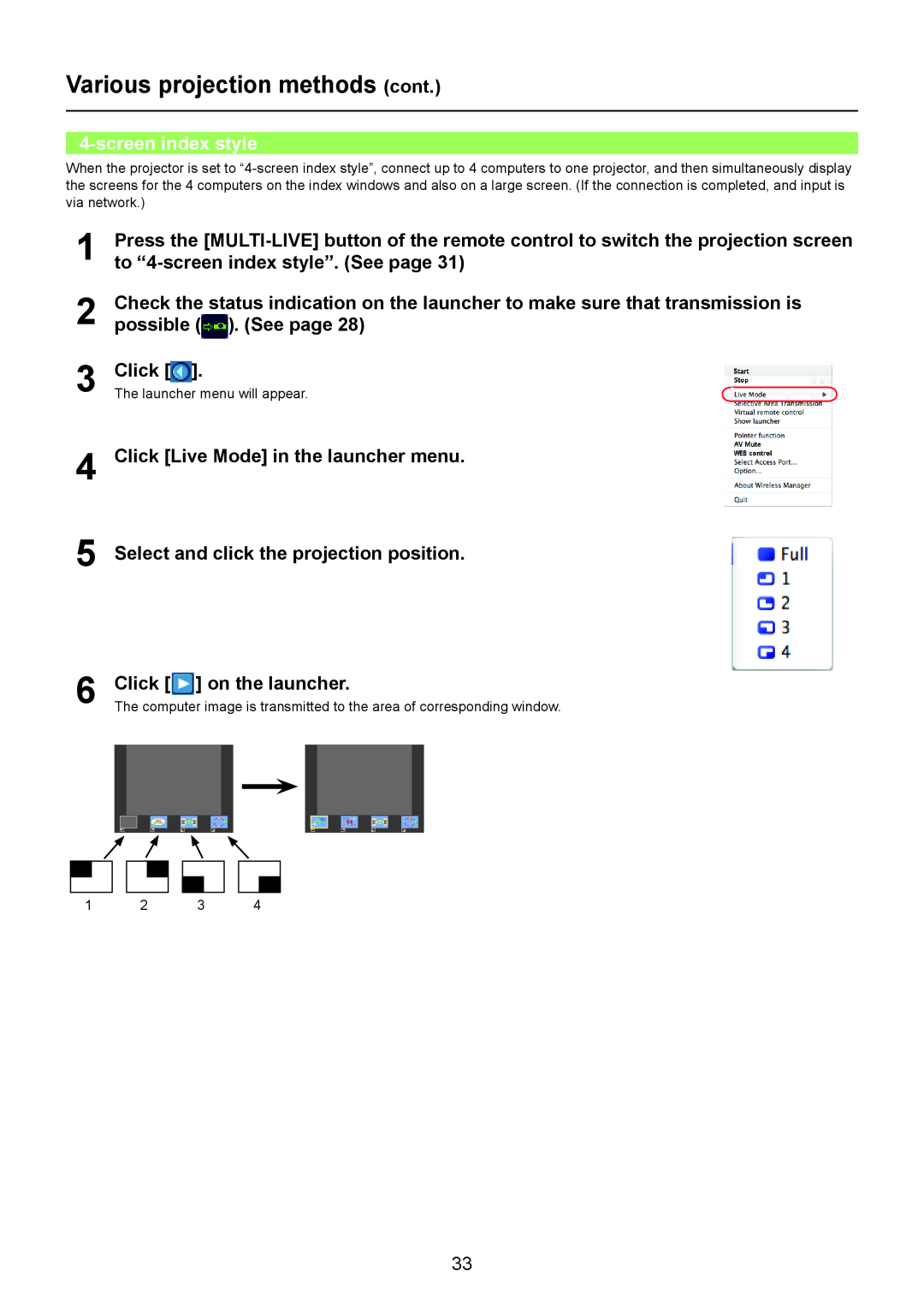 Panasonic PT-F300N, TH-LB50NT screen index style, Select and click the projection position, Click on the launcher 