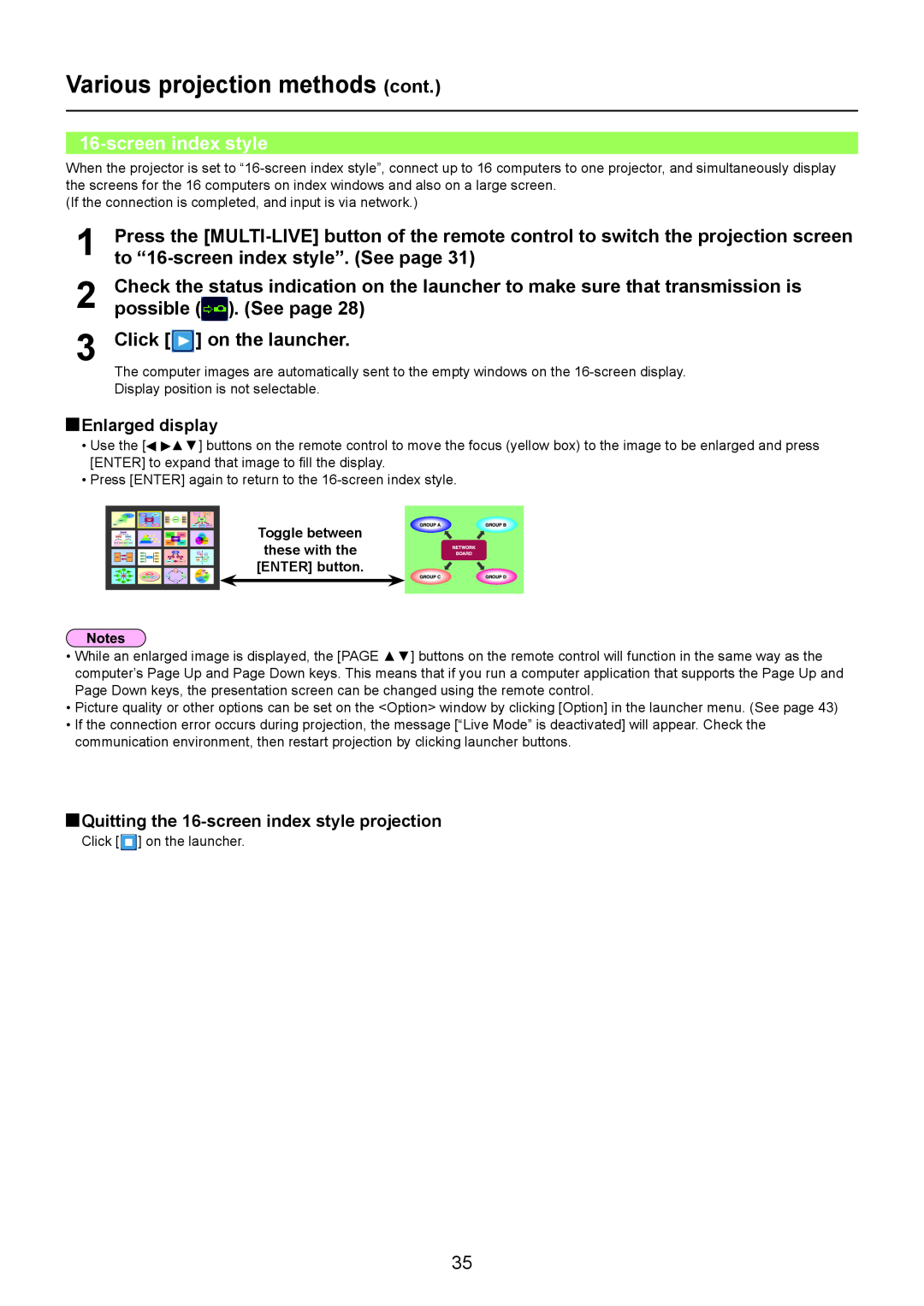 Panasonic PT-LW80NT screen index style, Toggle between these with the ENTER button, Various projection methods cont 