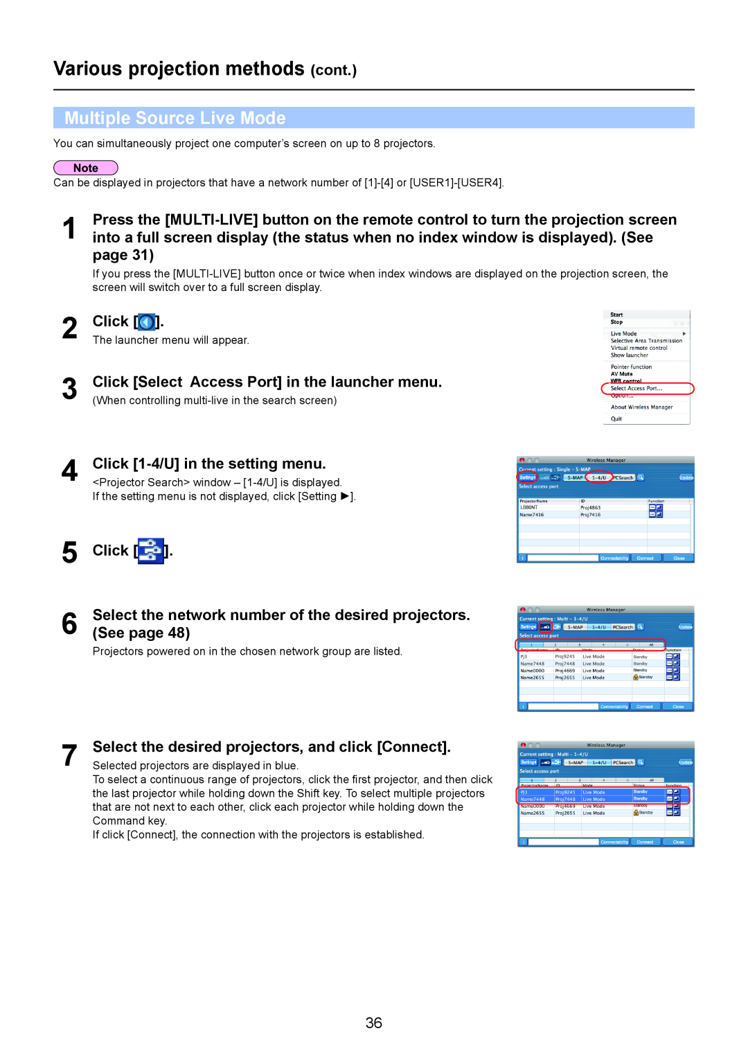 Panasonic TH-LB50NT, TH-LB55NT Multiple Source Live Mode, Click Select Access Port in the launcher menu, See page 