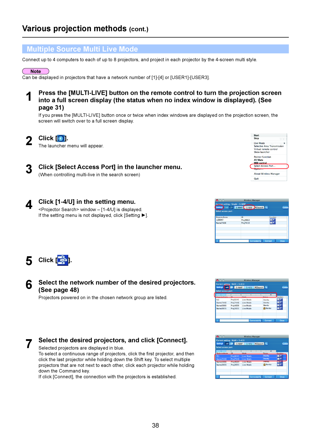 Panasonic TH-LB60NT Multiple Source Multi Live Mode, Click Select the network number of the desired projectors. See page 
