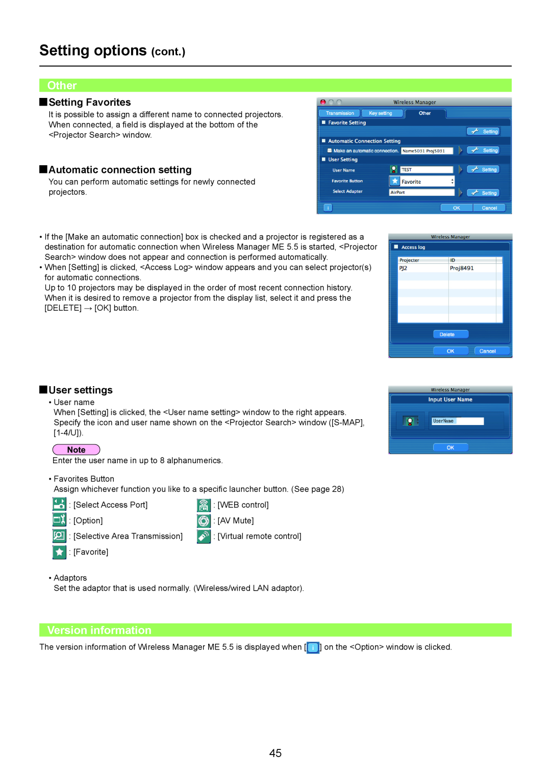 Panasonic TH-LB50NT, TH-LB55NT Other, Version information, Setting Favorites, Automatic connection setting, User settings 