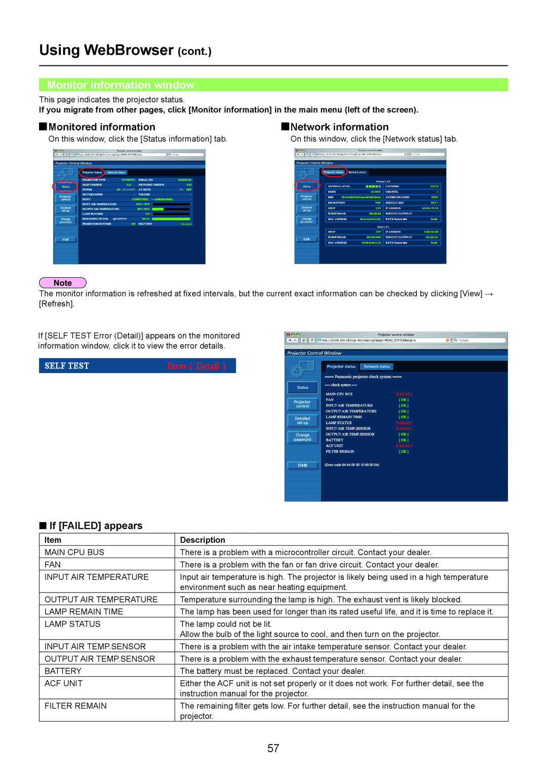 Panasonic PT-FW300NT, PT-F300N Monitor information window, Monitored information, Network information, n If FAILED appears 