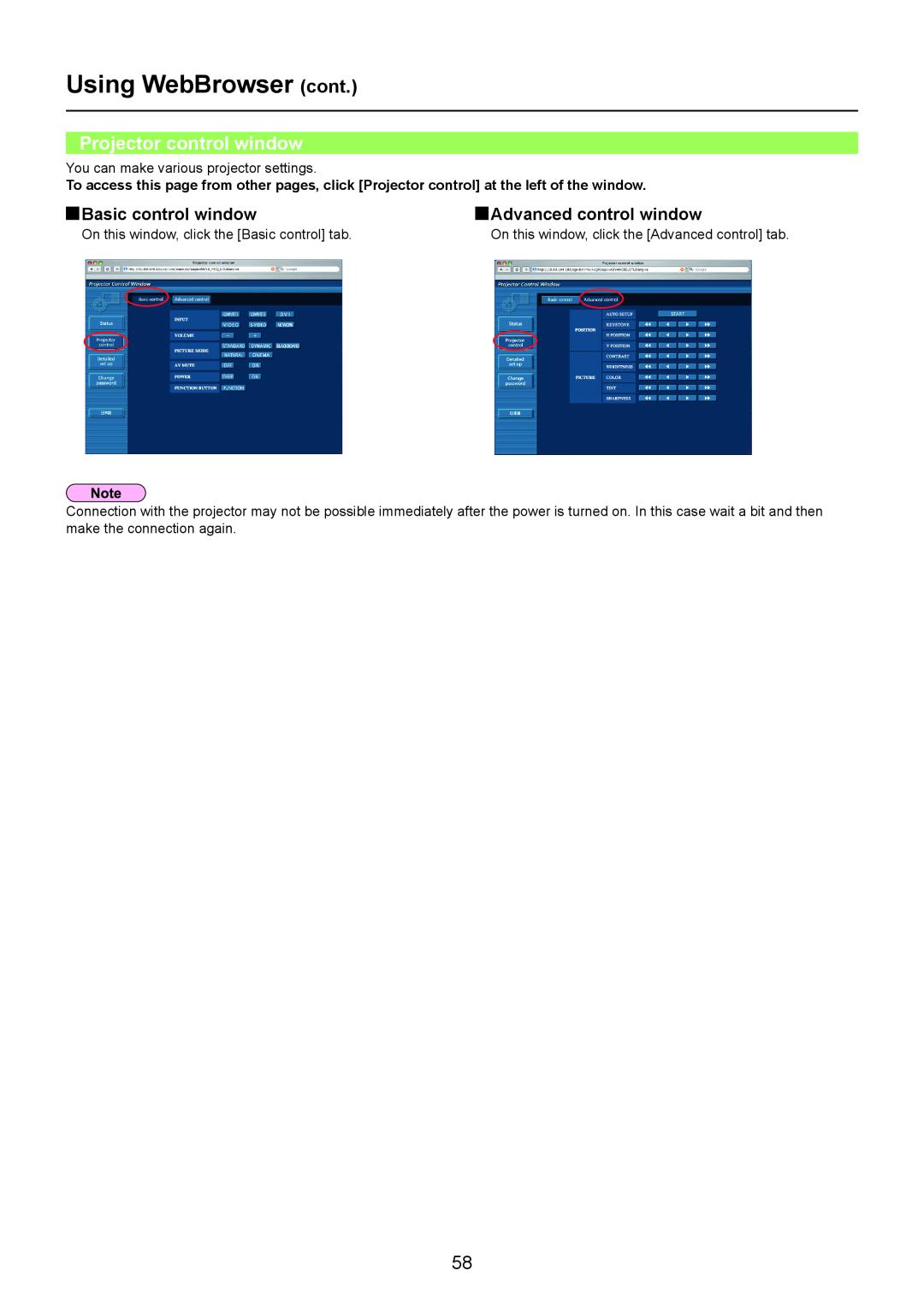 Panasonic PT-F200NT Projector control window, Basic control window, Advanced control window, Using WebBrowser cont 