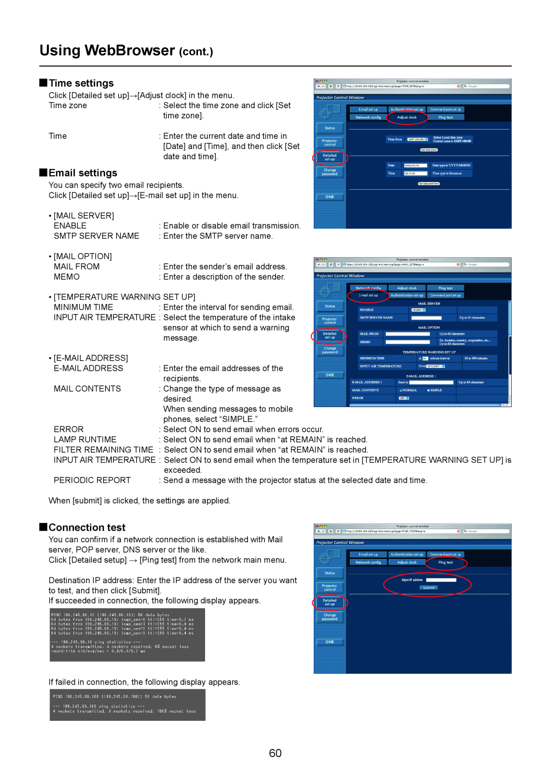 Panasonic PT-F300N, TH-LB50NT, TH-LB55NT, TH-LB60NT Time settings, Email settings, Connection test, Using WebBrowser cont 