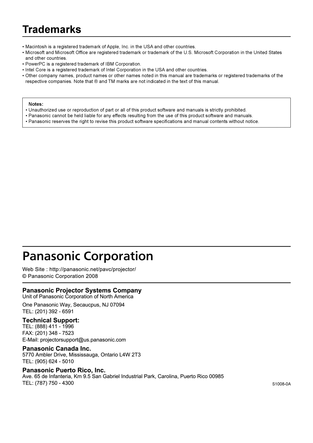 Panasonic PT-F300N, TH-LB50NT, TH-LB55NT, TH-LB60NT, PT-FW300NT, PT-F200NT, PT-LB51NT, PT-F100NT, PT-LW80NT Trademarks 