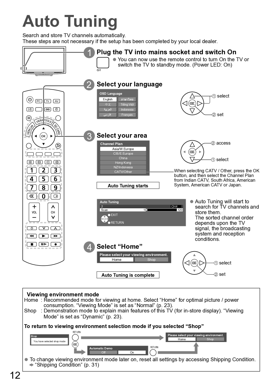 Panasonic TH-P42A2S manual Auto Tuning, Plug the TV into mains socket and switch On, Select your language, Select your area 