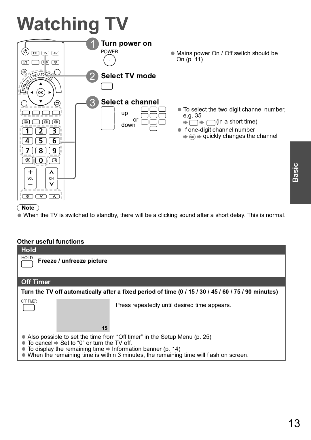 Panasonic TH-P42A20V, TH-P42A20P, TH-P42A20M, TH-P42A20K manual Watching TV, Turn power on, Select TV mode, Select a channel 