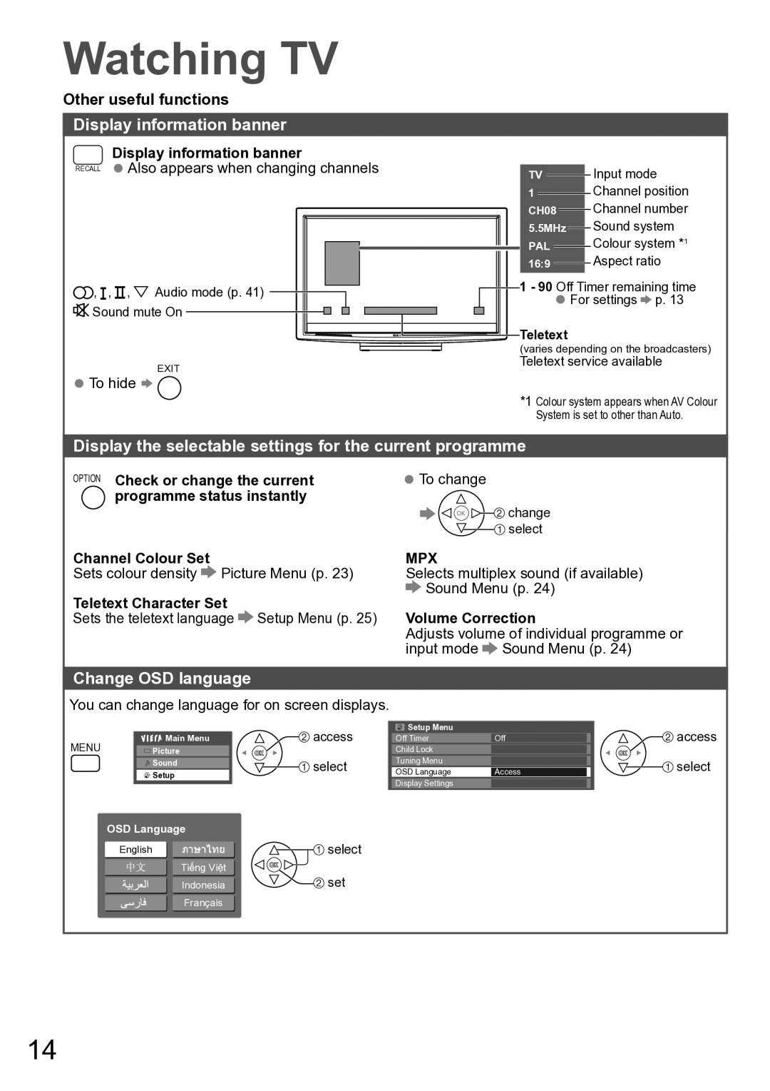 Panasonic TH-P42A20P, TH-P42A20M Display information banner, Display the selectable settings for the current programme 