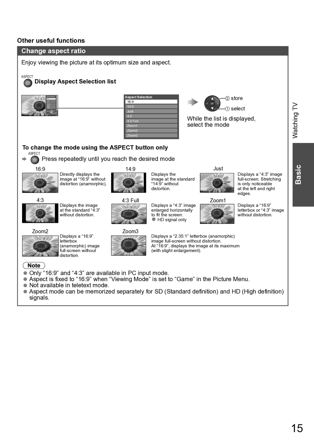 Panasonic TH-P42A20M Change aspect ratio, Display Aspect Selection list, To change the mode using the Aspect button only 