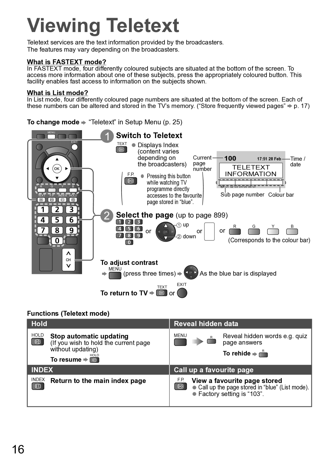 Panasonic TH-P42A20K Viewing Teletext, Switch to Teletext, Select the page up to, Reveal hidden data, Call up a favourite 