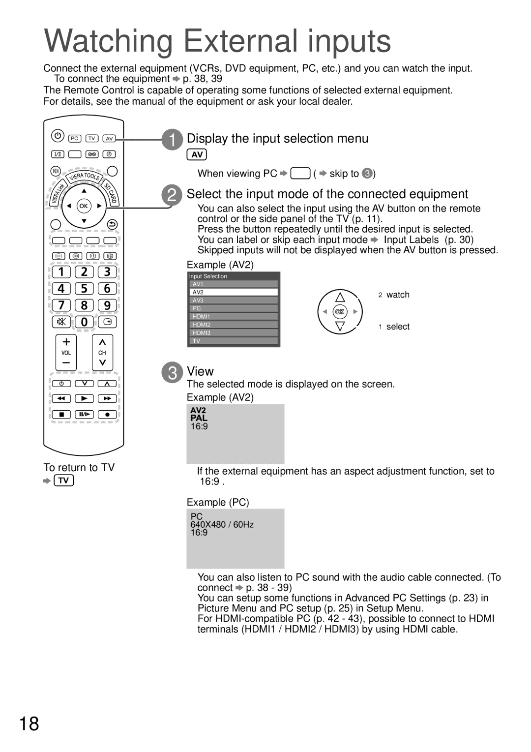 Panasonic TH-P42A2G, TH-P42A20P manual Watching External inputs, Display the input selection menu, View, To return to TV 