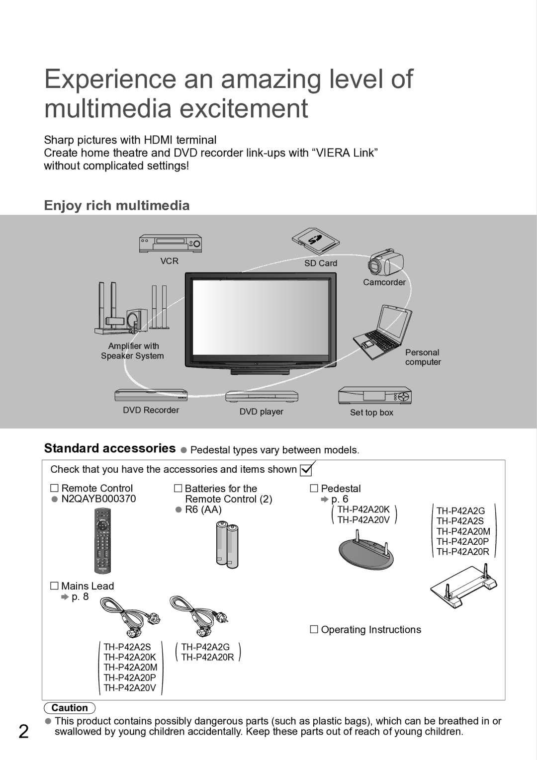 Panasonic TH-P42A20K, TH-P42A20P Experience an amazing level of multimedia excitement, Mains Lead Operating Instructions 