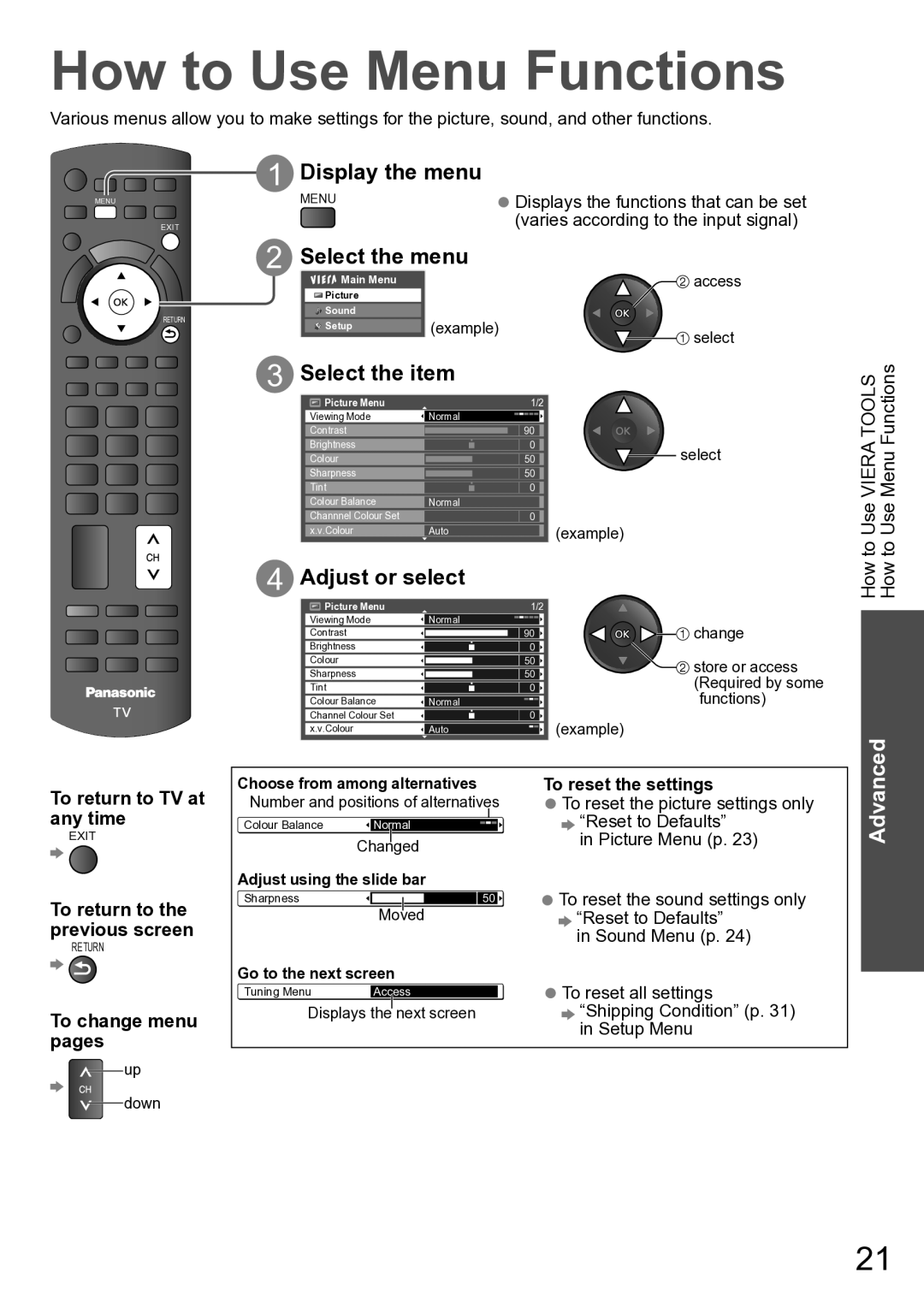 Panasonic TH-P42A20P manual How to Use Menu Functions, Display the menu, Select the menu, Select the item, Adjust or select 