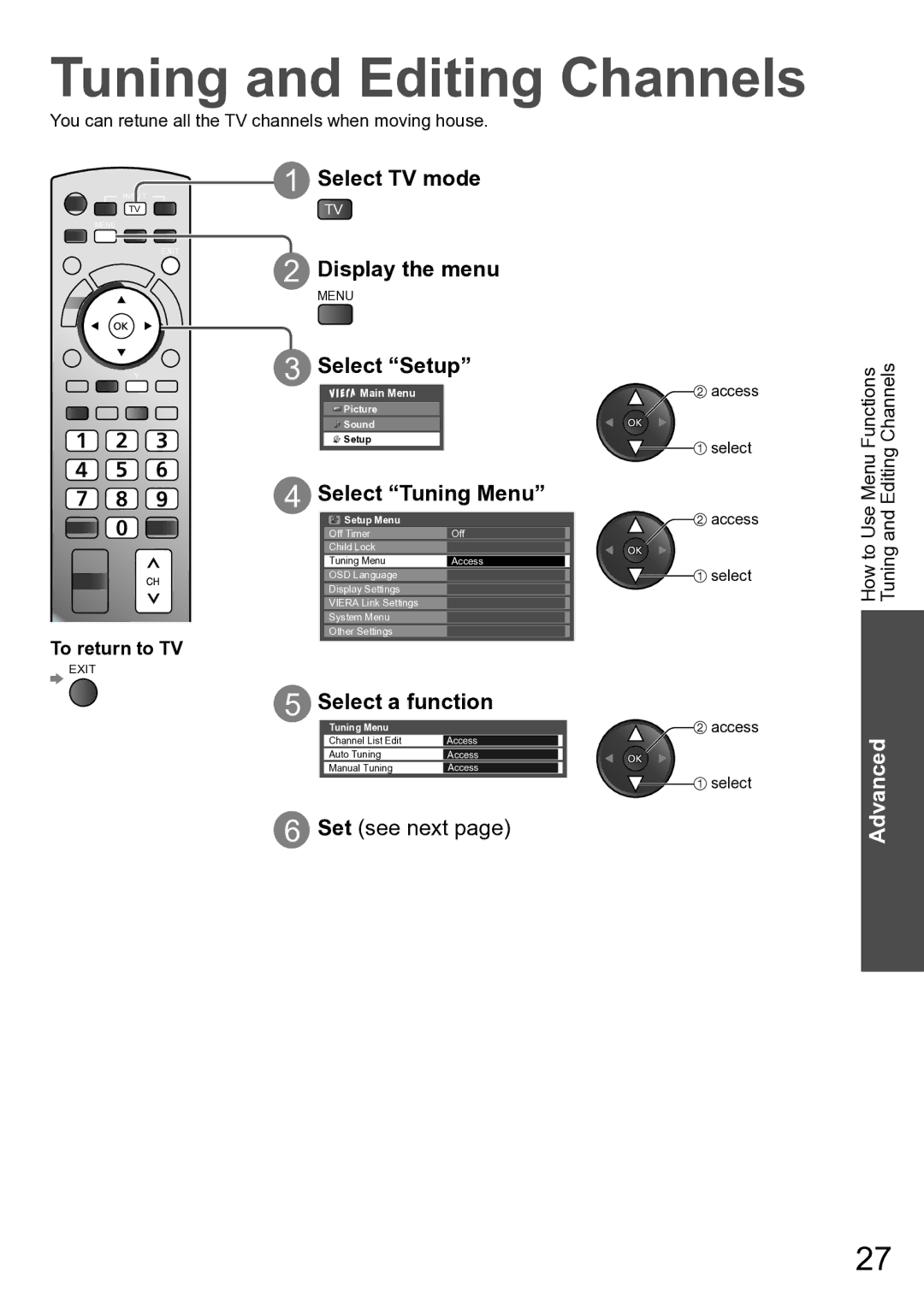 Panasonic TH-P42A20V Tuning and Editing Channels, Display the menu, Select Setup, Select Tuning Menu, Select a function 