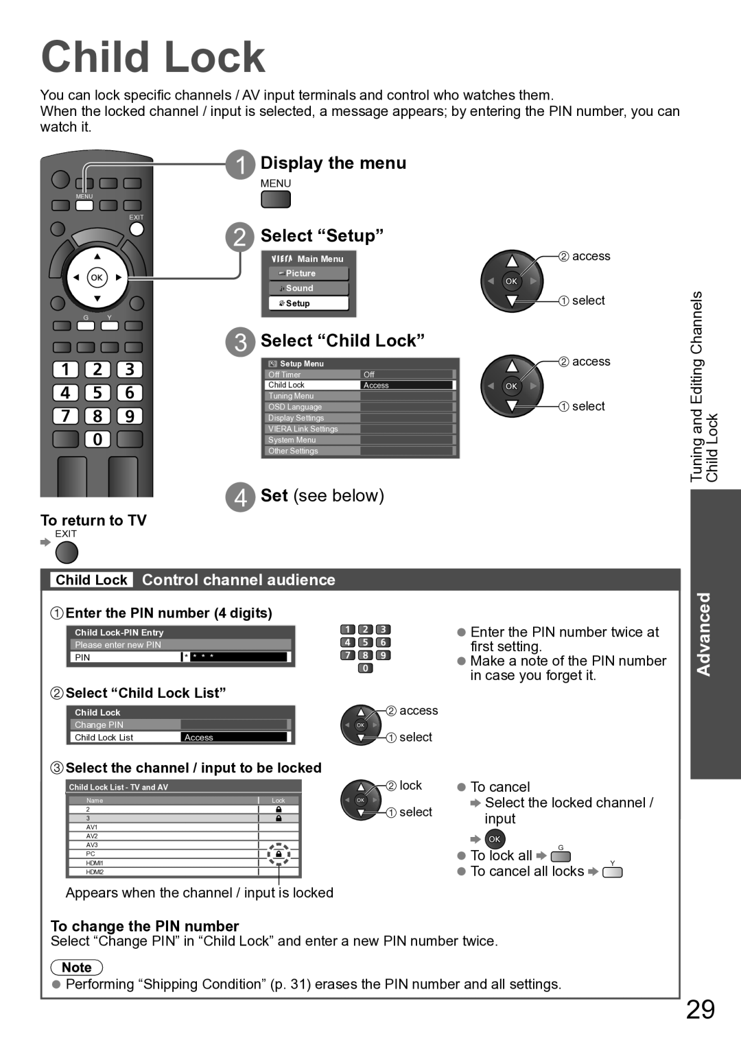 Panasonic TH-P42A20M Select Child Lock List, Select the channel / input to be locked, To change the PIN number 