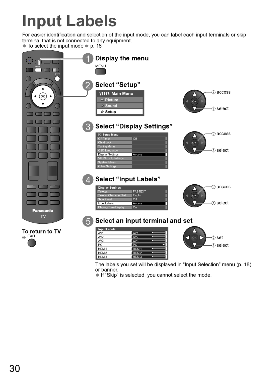 Panasonic TH-P42A20K Select Setup, Select Display Settings, Select Input Labels, Select an input terminal and set 