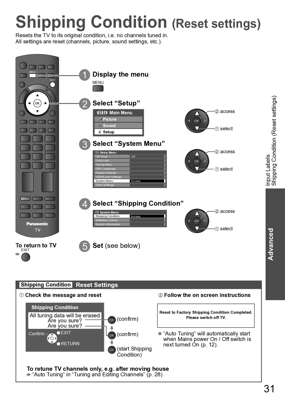 Panasonic TH-P42A20R, TH-P42A20P manual Shipping Condition Reset settings, Select System Menu, Select Shipping Condition 