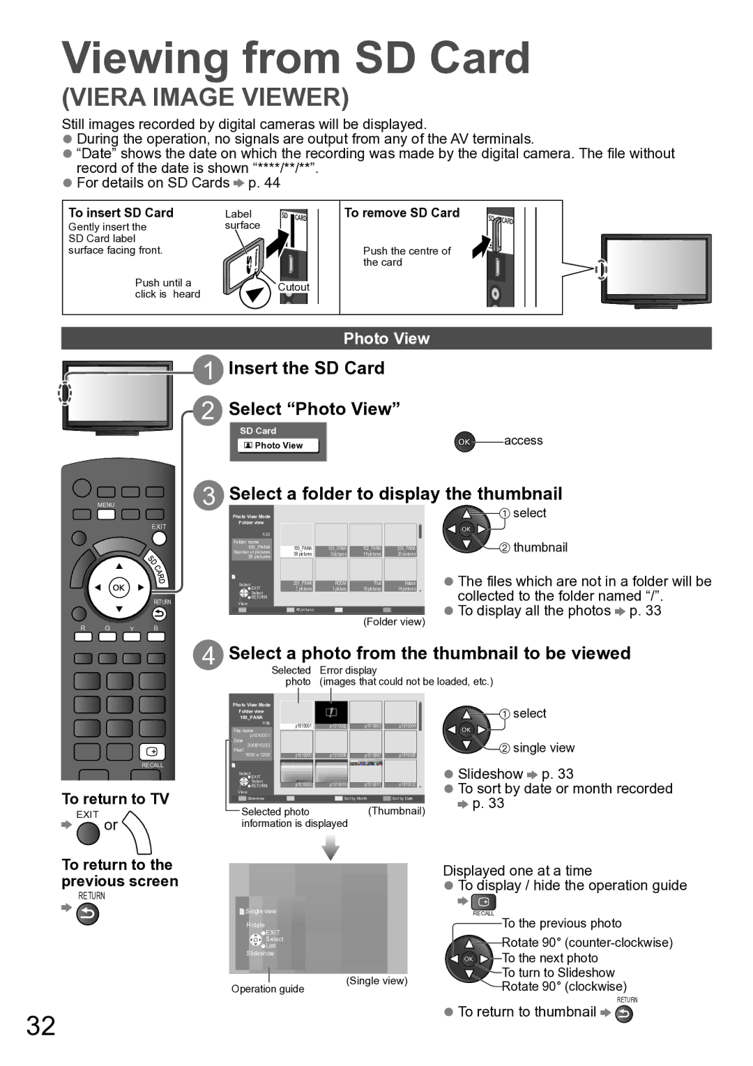 Panasonic TH-P42A2G Viewing from SD Card, Insert the SD Card Select Photo View, Select a folder to display the thumbnail 