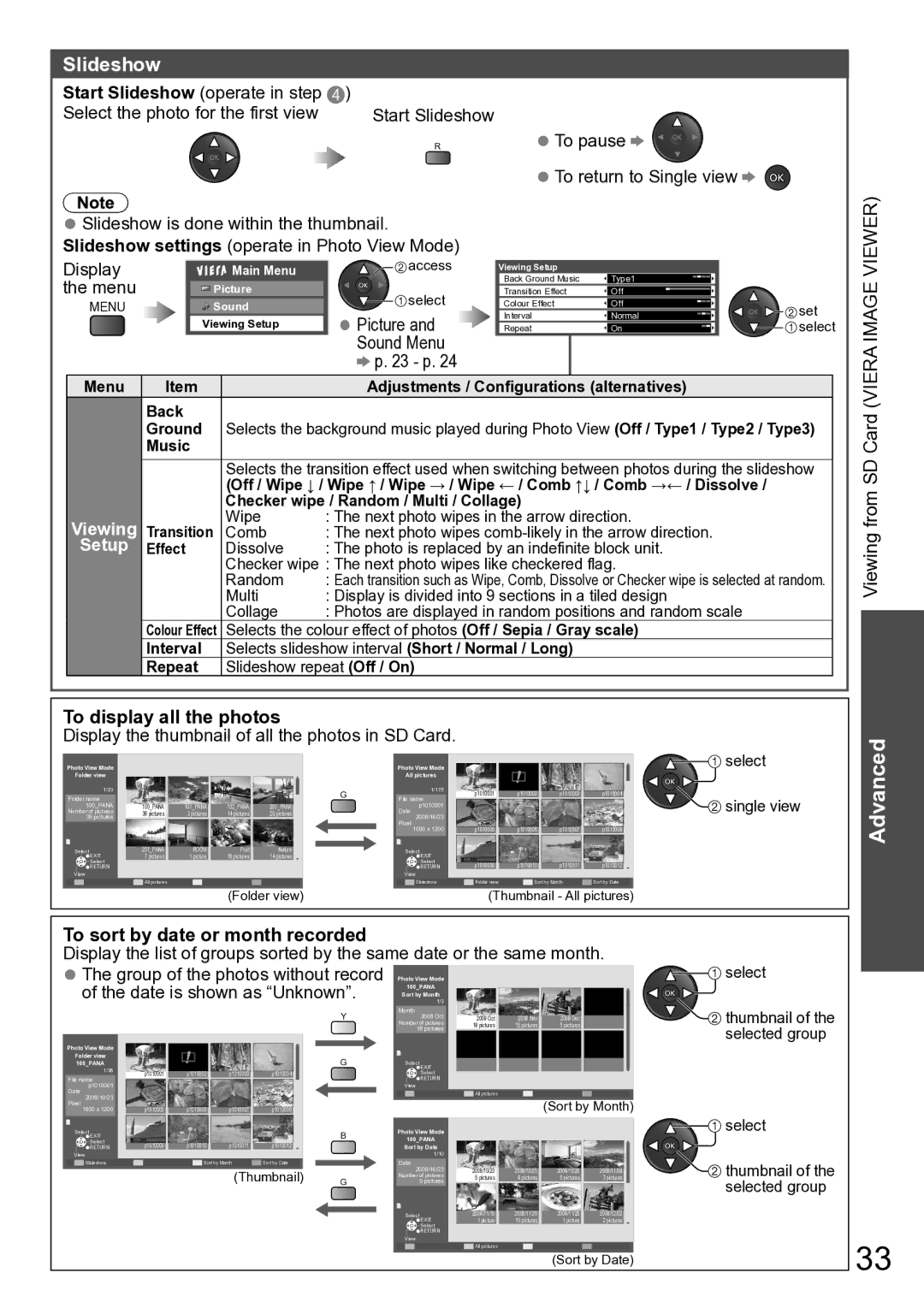 Panasonic TH-P42A2S, TH-P42A20P, TH-P42A20M, TH-P42A20K, TH-P42A20R, TH-P42A2G Slideshow, To sort by date or month recorded 