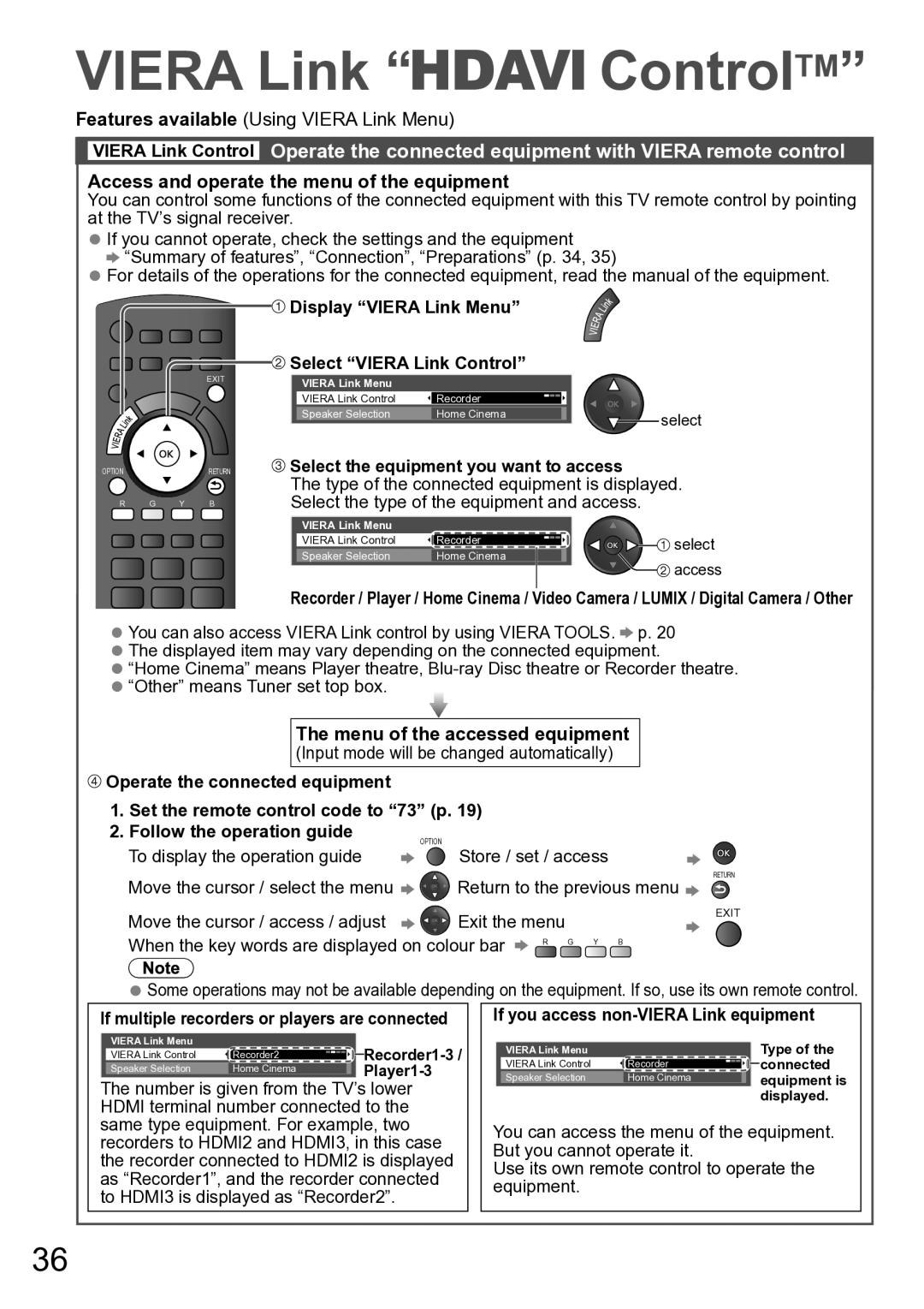 Panasonic TH-P42A20M, TH-P42A20P, TH-P42A20K, TH-P42A20R, TH-P42A2G, TH-P42A2S, TH-P42A20V manual Viera Link ControlTM 