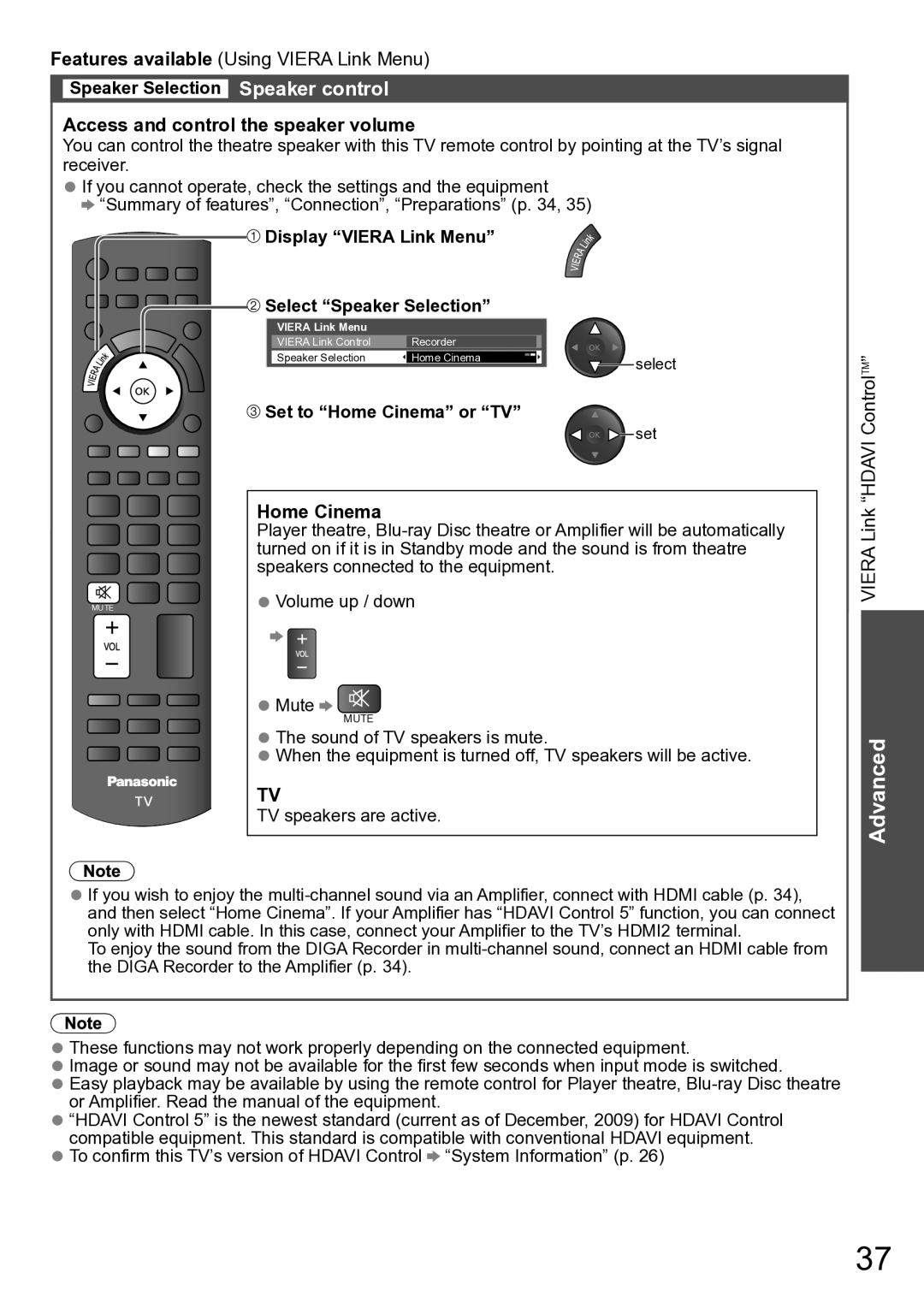 Panasonic TH-P42A20K, TH-P42A20P, TH-P42A20M, TH-P42A20R, TH-P42A2G Display Viera Link Menu, Hdavi ControlTM, Home Cinema 