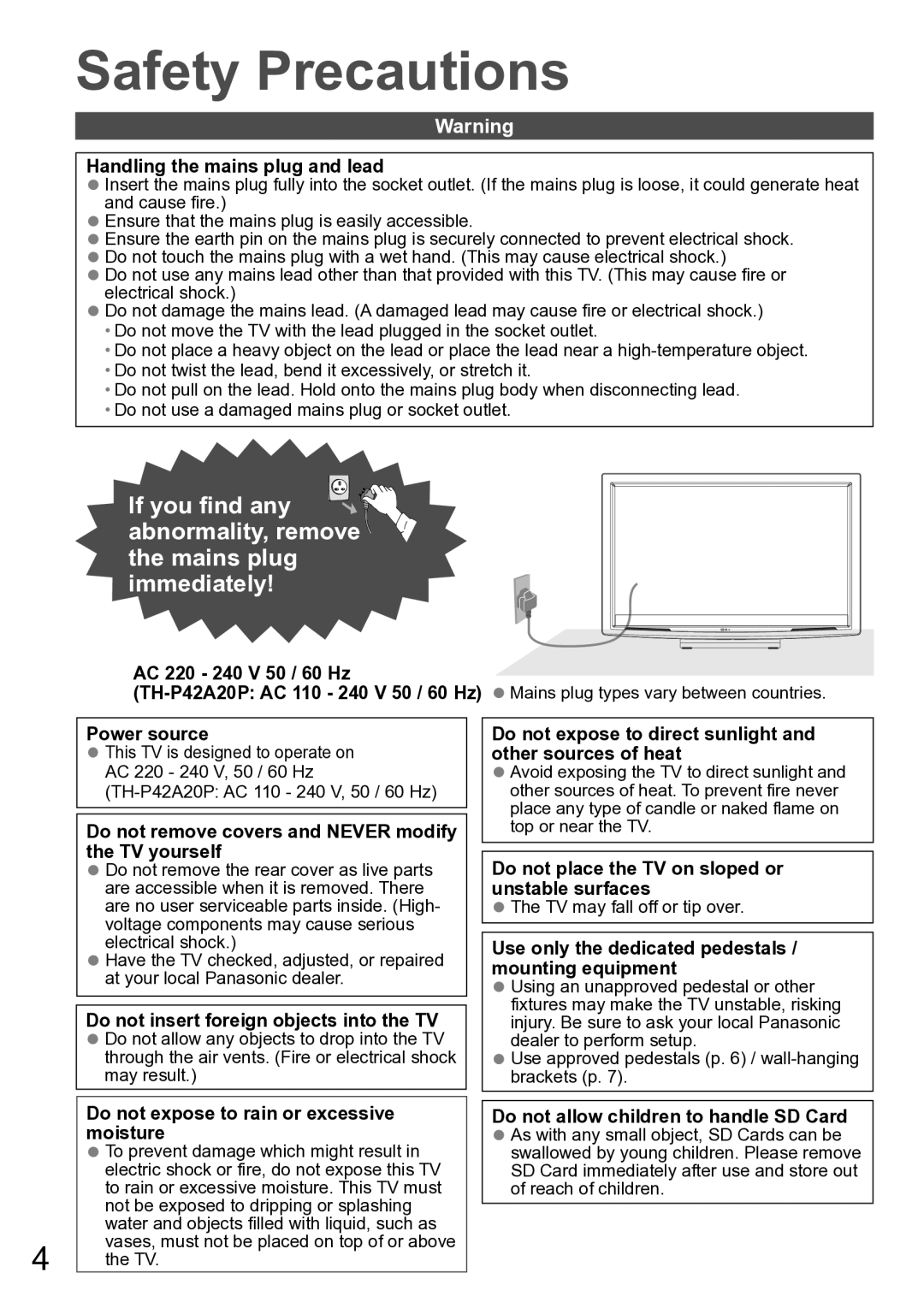 Panasonic TH-P42A2G, TH-P42A20P, TH-P42A20M, TH-P42A20K, TH-P42A20R, TH-P42A2S, TH-P42A20V manual Safety Precautions 