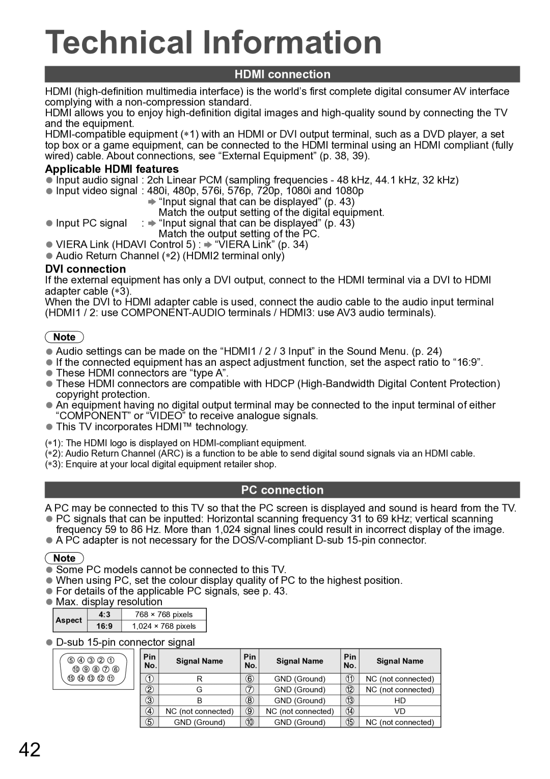 Panasonic TH-P42A20P Hdmi connection, PC connection, Applicable Hdmi features, DVI connection, Sub 15-pin connector signal 