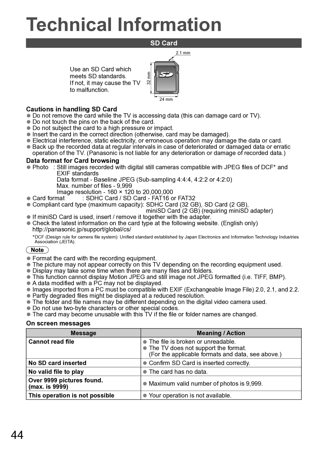 Panasonic TH-P42A20K, TH-P42A20P, TH-P42A20M, TH-P42A20R SD Card, Data format for Card browsing, Max. number of files 9,999 