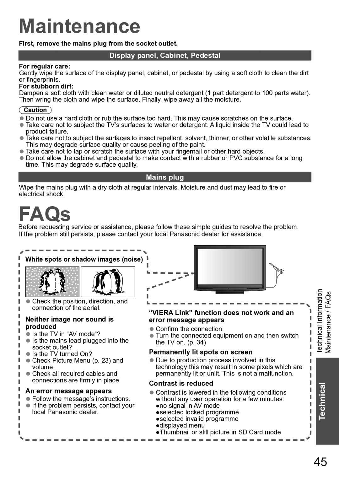 Panasonic TH-P42A20R, TH-P42A20P, TH-P42A20M, TH-P42A20K Maintenance, FAQs, Display panel, Cabinet, Pedestal, Mains plug 